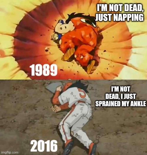 I'M NOT DEAD, JUST NAPPING; I'M NOT DEAD, I JUST SPRAINED MY ANKLE | image tagged in yamcha | made w/ Imgflip meme maker