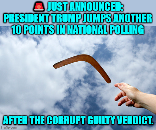 It's started... thank you dems | 🚨 JUST ANNOUNCED: PRESIDENT TRUMP JUMPS ANOTHER 10 POINTS IN NATIONAL POLLING; AFTER THE CORRUPT GUILTY VERDICT. | image tagged in boomarang,trump,secured election,may 30 2024 | made w/ Imgflip meme maker