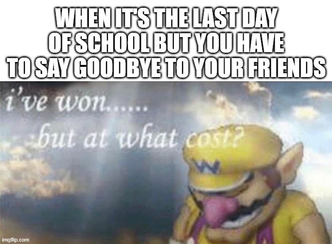 ive won but at what cost | WHEN IT'S THE LAST DAY OF SCHOOL BUT YOU HAVE TO SAY GOODBYE TO YOUR FRIENDS | image tagged in ive won but at what cost | made w/ Imgflip meme maker