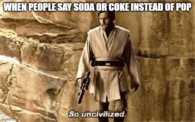 its pop not soda and coke is not every pop on earth only coca cola | WHEN PEOPLE SAY SODA OR COKE INSTEAD OF POP | image tagged in star wars prequel meme so uncivilised | made w/ Imgflip meme maker