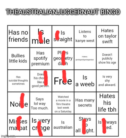 image tagged in theaustralianjuggernaut bingo | made w/ Imgflip meme maker