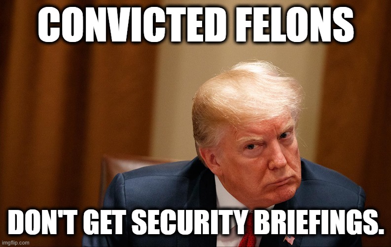 The Law | CONVICTED FELONS; DON'T GET SECURITY BRIEFINGS. | image tagged in donald trump | made w/ Imgflip meme maker