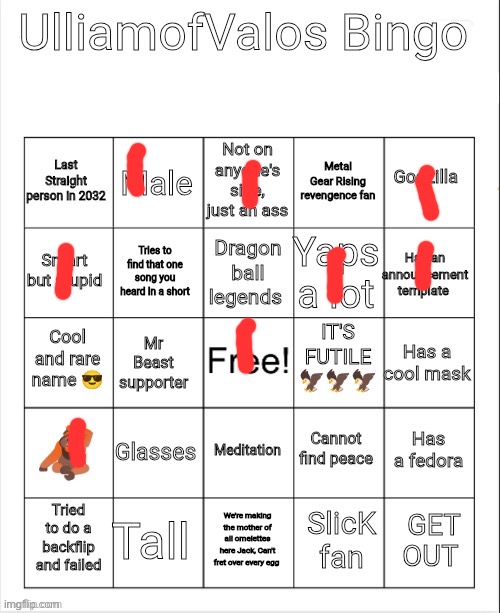 UlliamofValos Bingo | image tagged in ulliamofvalos bingo | made w/ Imgflip meme maker