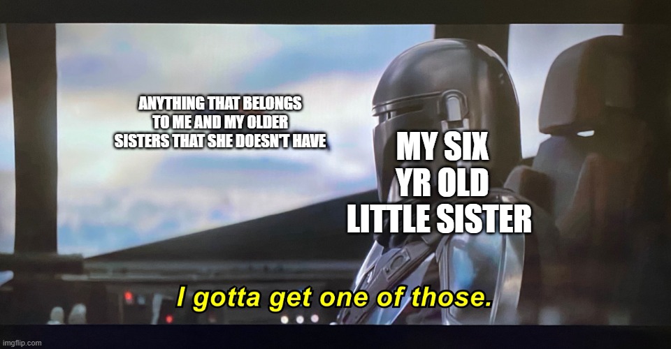 facts | MY SIX YR OLD LITTLE SISTER; ANYTHING THAT BELONGS TO ME AND MY OLDER SISTERS THAT SHE DOESN'T HAVE | image tagged in i gotta get one of those,real | made w/ Imgflip meme maker