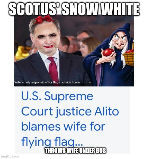 Snow white | SCOTUS' SNOW WHITE; THROWS WIFE UNDER BUS | image tagged in alito,witch | made w/ Imgflip meme maker