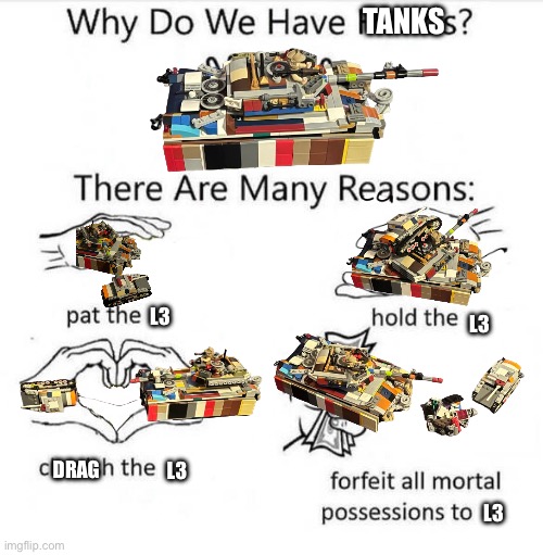 Forfeit all mortal possessions to the L3 | TANKS; L3; L3; L3; DRAG; L3 | image tagged in why do we have hands | made w/ Imgflip meme maker