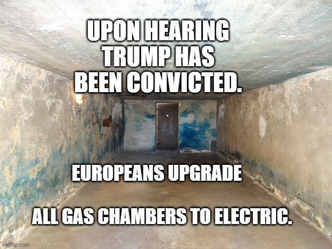 auschwitz gas chamber | UPON HEARING TRUMP HAS BEEN CONVICTED. EUROPEANS UPGRADE                                     ALL GAS CHAMBERS TO ELECTRIC. | image tagged in auschwitz gas chamber | made w/ Imgflip meme maker