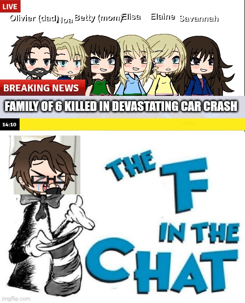 The Aubery Family has died in a fatal car crash. Male Cara gives the F in the chat | FAMILY OF 6 KILLED IN DEVASTATING CAR CRASH | image tagged in pop up school 2,pus2,male cara,f in the chat,car crash,car accident | made w/ Imgflip meme maker