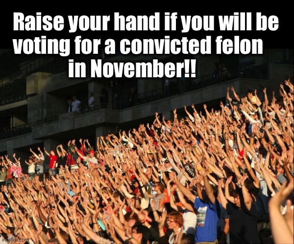 The Laws of Unintended Consequences will bite them in the a$$ | Raise your hand if you will be
voting for a convicted felon 
              in November!! | image tagged in raise your hands crowd | made w/ Imgflip meme maker