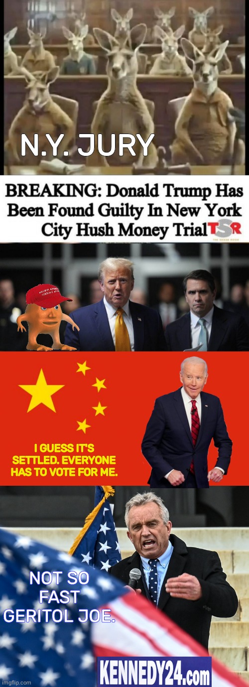 Trump verdict dont forget Kennedy | N.Y. JURY; I GUESS IT'S SETTLED. EVERYONE HAS TO VOTE FOR ME. NOT SO FAST GERITOL JOE. | image tagged in kangaroo court,china flag,bobby kennedy jr passion,joe biden,trump | made w/ Imgflip meme maker