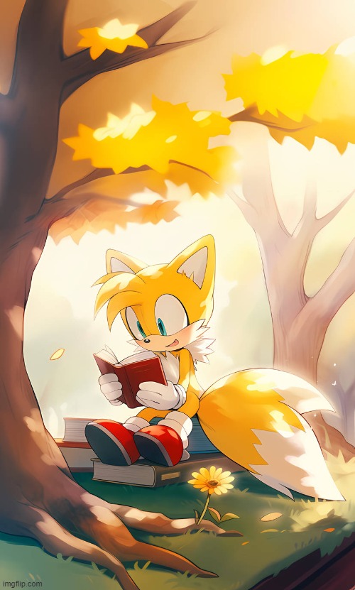 Tails reading his favorite book under the tree (Art credit : rayeina35 on DA) | image tagged in da,tails,cute,wholesome,beautiful | made w/ Imgflip meme maker