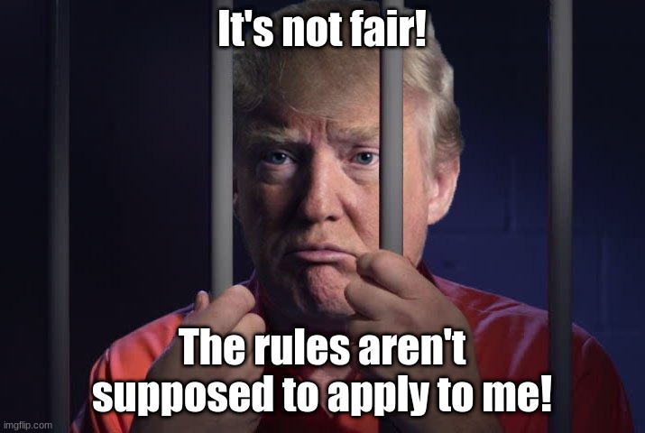 It's not fair! | It's not fair! The rules aren't supposed to apply to me! | image tagged in trump in jail | made w/ Imgflip meme maker