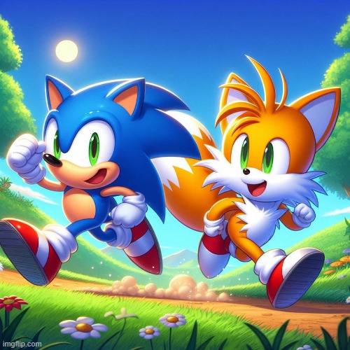 an Iconic duo ft. Sonic (Art credit : Glitchyart11 on DA) | image tagged in da,cute,wholesome,iconic duo | made w/ Imgflip meme maker