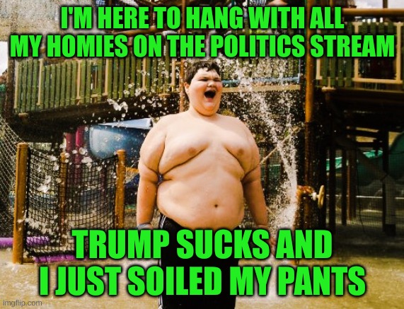 Hangin with all the naive fat unpopular gaming kids | I'M HERE TO HANG WITH ALL MY HOMIES ON THE POLITICS STREAM; TRUMP SUCKS AND I JUST SOILED MY PANTS | image tagged in autistic kid | made w/ Imgflip meme maker