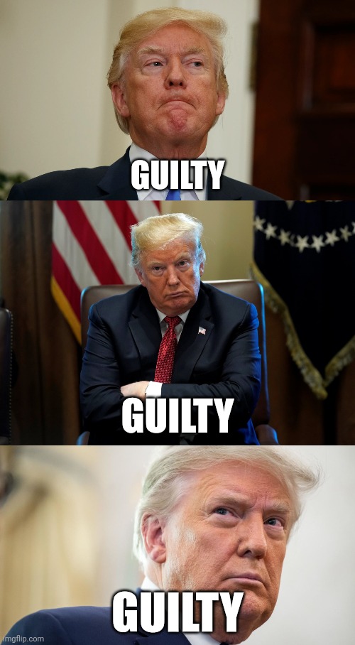Guilty ex-president is guilty. | GUILTY; GUILTY; GUILTY | image tagged in guilty trump,trump guilty,it's that obvious | made w/ Imgflip meme maker