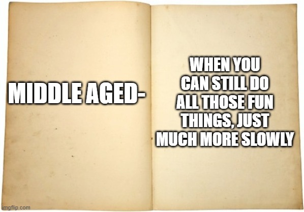 Dictionary meme | WHEN YOU CAN STILL DO ALL THOSE FUN THINGS, JUST MUCH MORE SLOWLY; MIDDLE AGED- | image tagged in dictionary meme | made w/ Imgflip meme maker