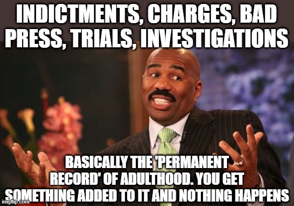 Steve Harvey Meme | INDICTMENTS, CHARGES, BAD PRESS, TRIALS, INVESTIGATIONS BASICALLY THE 'PERMANENT RECORD' OF ADULTHOOD. YOU GET SOMETHING ADDED TO IT AND NOT | image tagged in memes,steve harvey | made w/ Imgflip meme maker