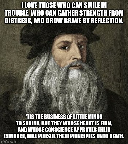 Stand Strong! Stand Proud! | I LOVE THOSE WHO CAN SMILE IN TROUBLE, WHO CAN GATHER STRENGTH FROM DISTRESS, AND GROW BRAVE BY REFLECTION. 'TIS THE BUSINESS OF LITTLE MIND | image tagged in davinci | made w/ Imgflip meme maker