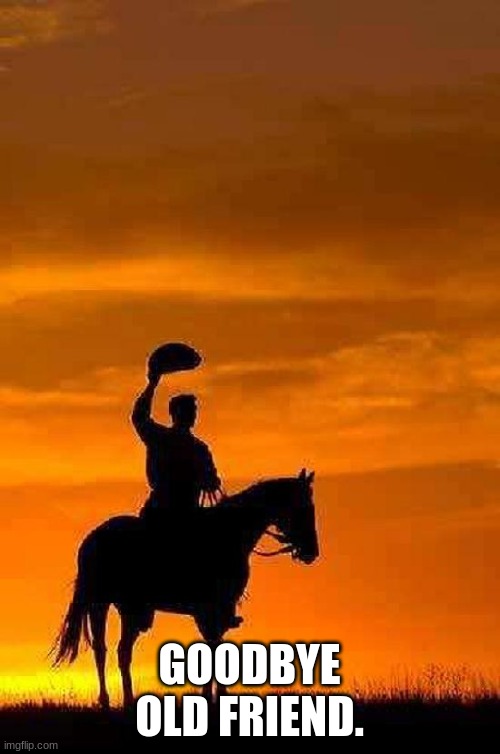 Cowboy Goodbye sunset | GOODBYE OLD FRIEND. | image tagged in cowboy goodbye sunset | made w/ Imgflip meme maker