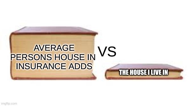 Big book small book | VS; AVERAGE PERSONS HOUSE IN 
INSURANCE ADDS; THE HOUSE I LIVE IN | image tagged in big book small book,funny,memes,school,ads,middle school | made w/ Imgflip meme maker