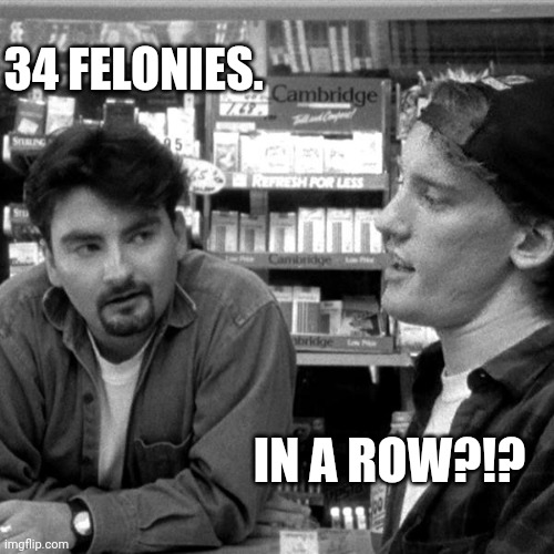 clerks this job | 34 FELONIES. IN A ROW?!? | image tagged in clerks this job | made w/ Imgflip meme maker