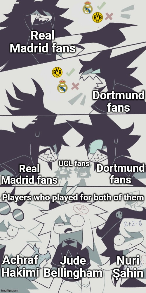 FPE X FOOTBALL | Real Madrid fans; Dortmund fans; UCL fans; Real Madrid fans; Dortmund fans; Players who played for both of them; Jude Bellingham; Achraf Hakimi; Nuri Şahin | image tagged in football,soccer,real madrid,champions league,finale | made w/ Imgflip meme maker