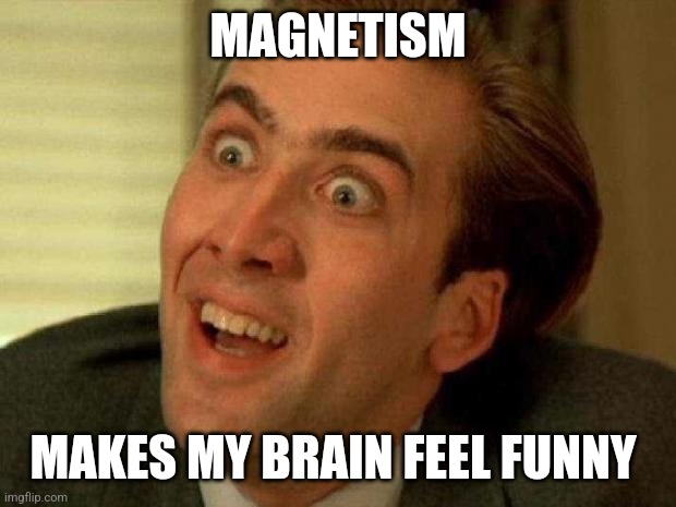 Magnetism makes my brain feel funny | MAGNETISM; MAKES MY BRAIN FEEL FUNNY | image tagged in nicolas cage,jpfan102504 | made w/ Imgflip meme maker