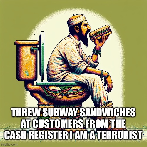 i love working at subway | THREW SUBWAY SANDWICHES AT CUSTOMERS FROM THE CASH REGISTER I AM A TERRORIST | image tagged in subway | made w/ Imgflip meme maker