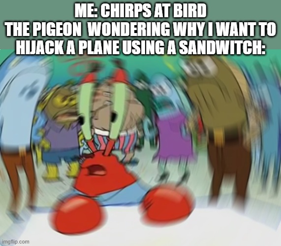 Mr Krabs Blur Meme Meme | ME: CHIRPS AT BIRD
THE PIGEON  WONDERING WHY I WANT TO HIJACK A PLANE USING A SANDWITCH: | image tagged in memes,mr krabs blur meme | made w/ Imgflip meme maker