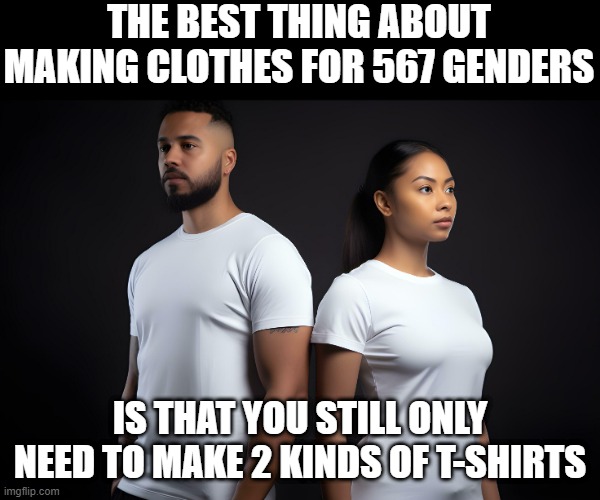 THE BEST THING ABOUT MAKING CLOTHES FOR 567 GENDERS; IS THAT YOU STILL ONLY NEED TO MAKE 2 KINDS OF T-SHIRTS | image tagged in liberals | made w/ Imgflip meme maker