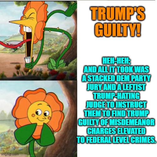 Interesting, eh? | TRUMP'S GUILTY! HEH-HEH; AND ALL IT TOOK WAS A STACKED DEM PARTY JURY AND A LEFTIST TRUMP-HATING JUDGE TO INSTRUCT THEM TO FIND TRUMP GUILTY OF MISDEMEANOR CHARGES ELEVATED TO FEDERAL LEVEL CRIMES. | image tagged in cuphead flower | made w/ Imgflip meme maker