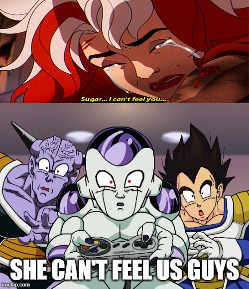 rogue can't feel frieza and his friends | SHE CAN'T FEEL US GUYS | image tagged in frieza,x-men,no you can't just,anime,funny memes,friends | made w/ Imgflip meme maker