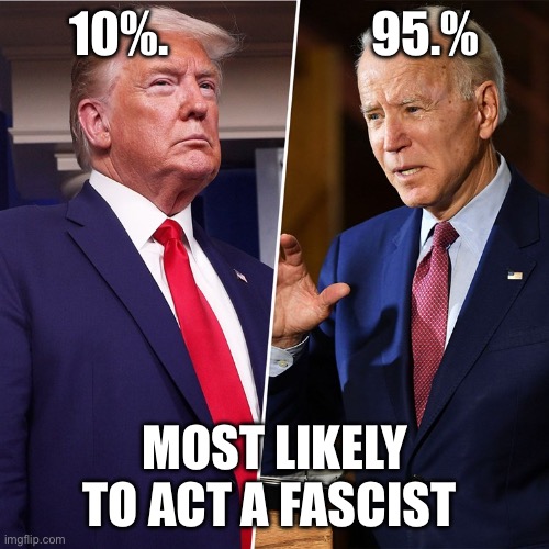 Biden unleashed the courts to squash competition | 10%.                     95.%; MOST LIKELY TO ACT A FASCIST | image tagged in trump biden,memes,funny | made w/ Imgflip meme maker