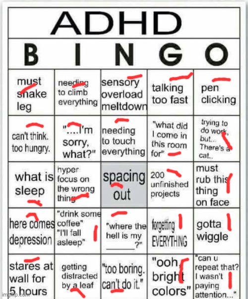 I got diagnosed with adhd at age 18. I knew I had it since age 12. | image tagged in adhd bingo | made w/ Imgflip meme maker