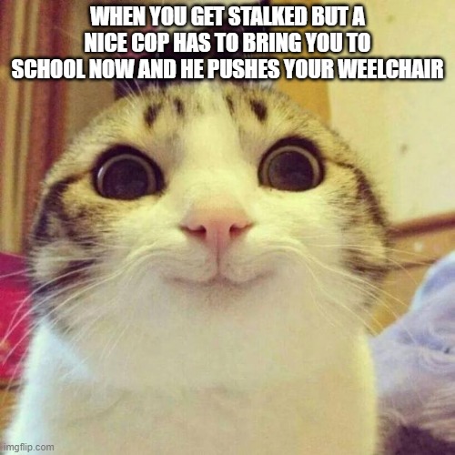 Smiling Cat | WHEN YOU GET STALKED BUT A NICE COP HAS TO BRING YOU TO SCHOOL NOW AND HE PUSHES YOUR WEELCHAIR | image tagged in memes,smiling cat | made w/ Imgflip meme maker