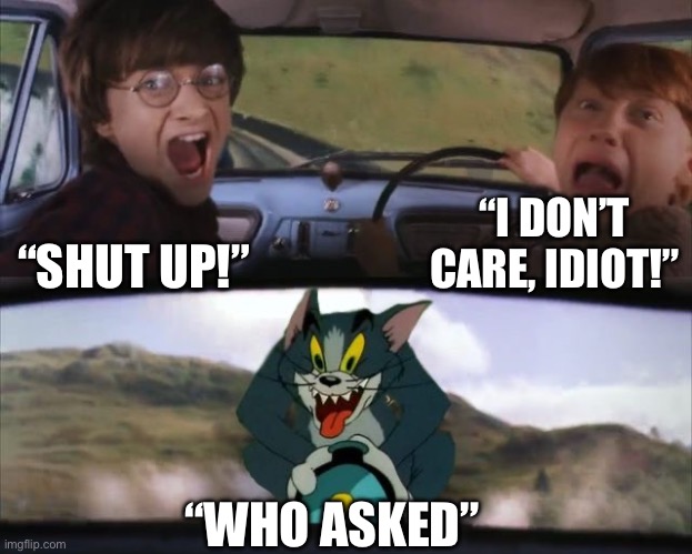 Tom chasing Harry and Ron Weasly | “SHUT UP!” “I DON’T CARE, IDIOT!” “WHO ASKED” | image tagged in tom chasing harry and ron weasly | made w/ Imgflip meme maker