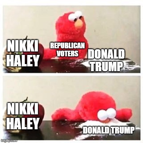 elmo cocaine | NIKKI HALEY; REPUBLICAN VOTERS; DONALD TRUMP; NIKKI HALEY; DONALD TRUMP | image tagged in elmo cocaine | made w/ Imgflip meme maker