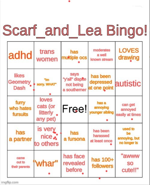 Scarf_and_Lea Bingo | image tagged in scarf_and_lea bingo | made w/ Imgflip meme maker
