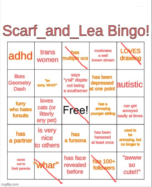 Scarf_and_Lea Bingo | image tagged in scarf_and_lea bingo | made w/ Imgflip meme maker