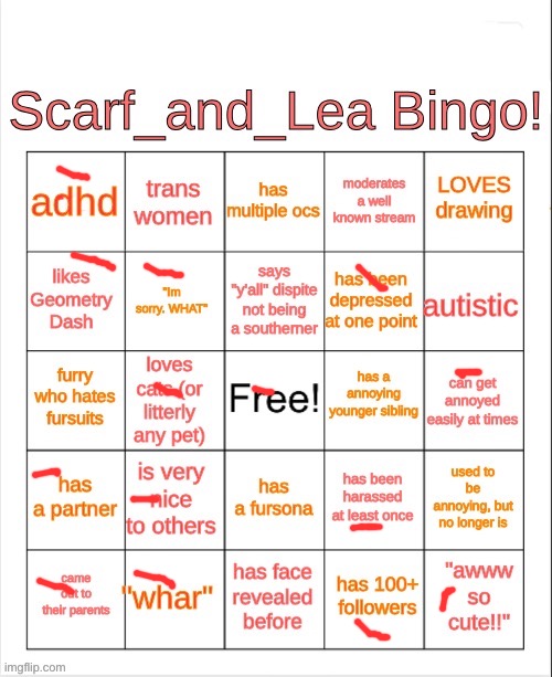 Scarf_and_Lea Bingo | image tagged in scarf_and_lea bingo | made w/ Imgflip meme maker