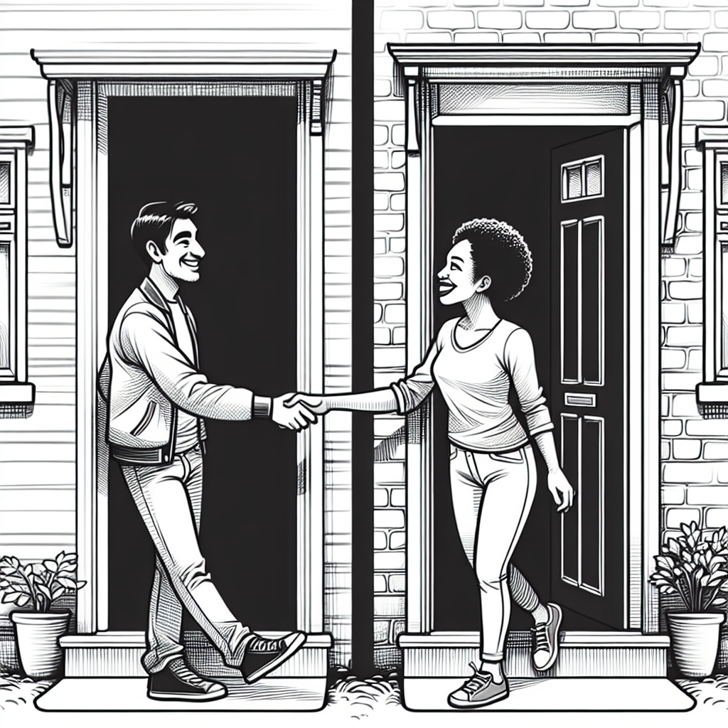 Neighbors opening house doors and greeting each other Blank Meme Template