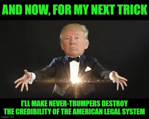 Yay, that was Fun | AND NOW, FOR MY NEXT TRICK; I'LL MAKE NEVER-TRUMPERS DESTROY THE CREDIBILITY OF THE AMERICAN LEGAL SYSTEM | image tagged in never trump,found guilty,donald trump | made w/ Imgflip meme maker