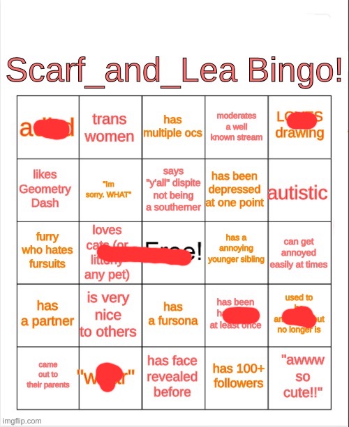 Scarf_and_Lea Bingo | image tagged in scarf_and_lea bingo | made w/ Imgflip meme maker
