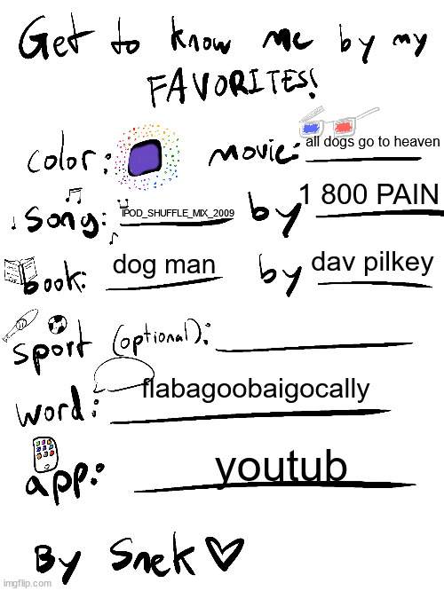 get to know me by my favorites | all dogs go to heaven; 1 800 PAIN; IPOD_SHUFFLE_MIX_2009; dav pilkey; dog man; flabagoobaigocally; youtub | image tagged in get to know me by my favorites | made w/ Imgflip meme maker