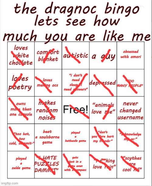 oh shit im exactly like Dragnoc | image tagged in dragnoc bingo | made w/ Imgflip meme maker