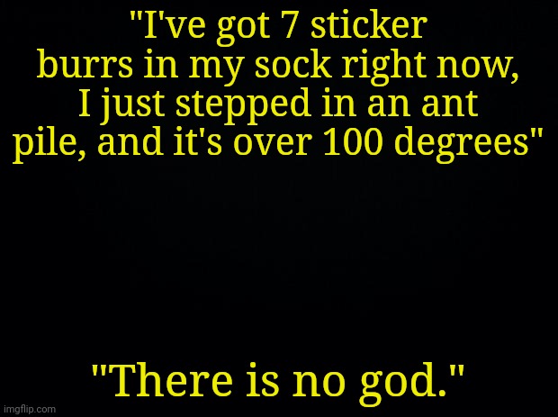 . | "I've got 7 sticker burrs in my sock right now, I just stepped in an ant pile, and it's over 100 degrees"; "There is no god." | image tagged in black background | made w/ Imgflip meme maker