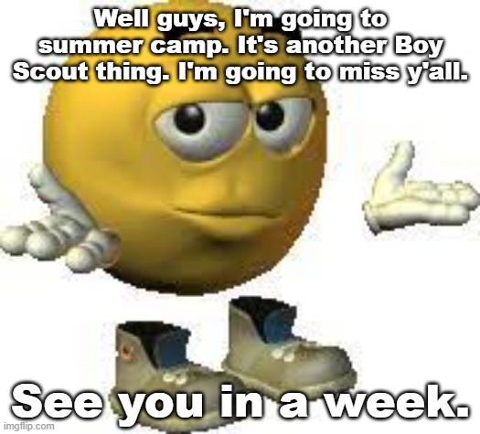 Emoji guy shrug | Well guys, I'm going to summer camp. It's another Boy Scout thing. I'm going to miss y'all. See you in a week. | image tagged in emoji guy shrug | made w/ Imgflip meme maker