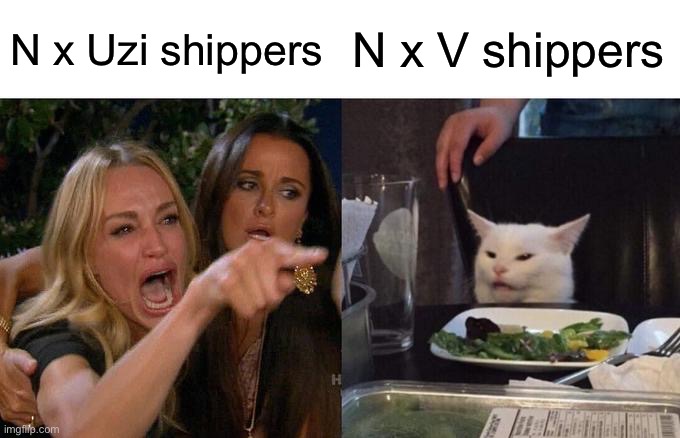 When the n x Uzi shippers meet the N x V shippers (I’m a N x Uzi shipper) | N x Uzi shippers; N x V shippers | image tagged in memes,woman yelling at cat,murder drones,shipping | made w/ Imgflip meme maker
