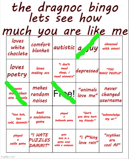 is there ANYBODY on msmg who ISNT autistic? | image tagged in dragnoc bingo | made w/ Imgflip meme maker