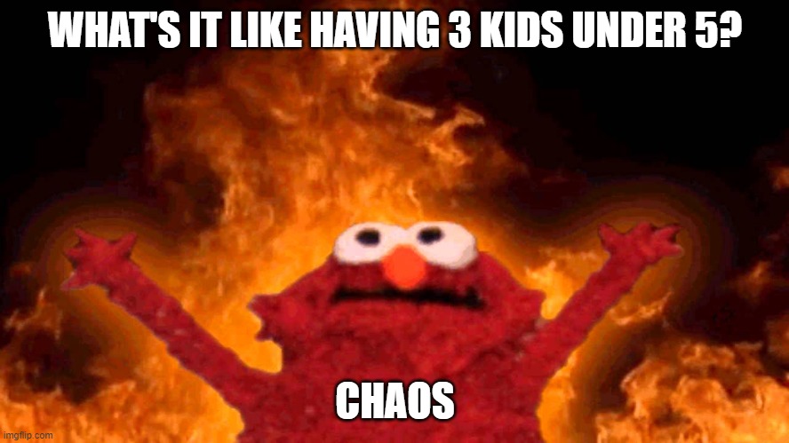 3 kids | WHAT'S IT LIKE HAVING 3 KIDS UNDER 5? CHAOS | image tagged in elmo fire | made w/ Imgflip meme maker